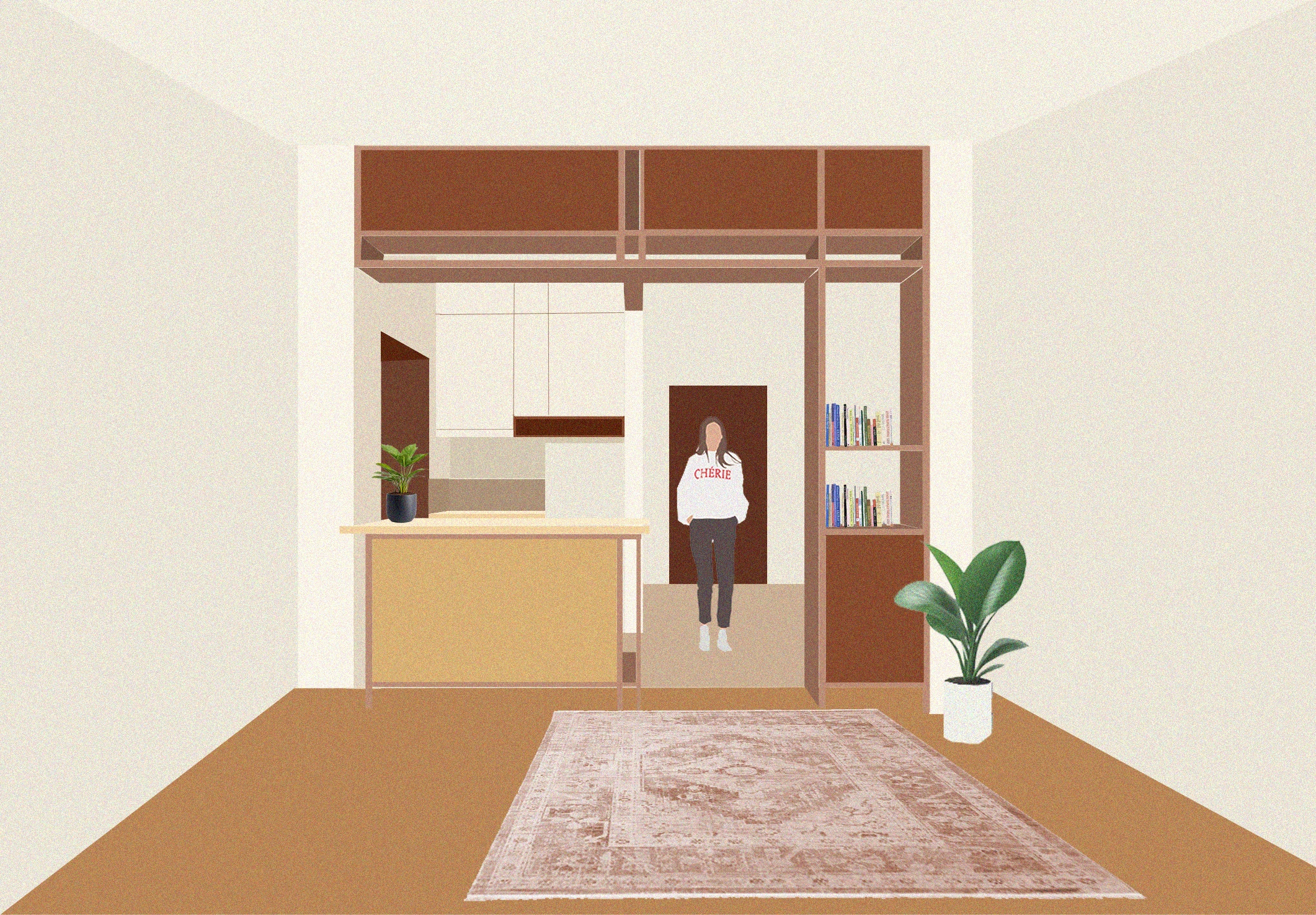Collage: View from the bedroom to the kitchen